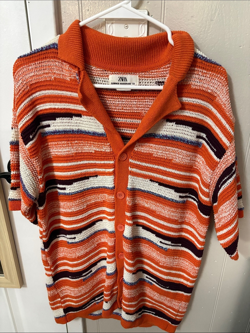 ZARA Orange Striped Short-Sleeve Button Cardigan